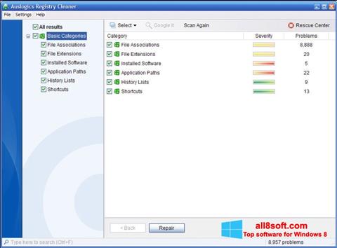 스크린 샷 Auslogics Registry Cleaner Windows 8